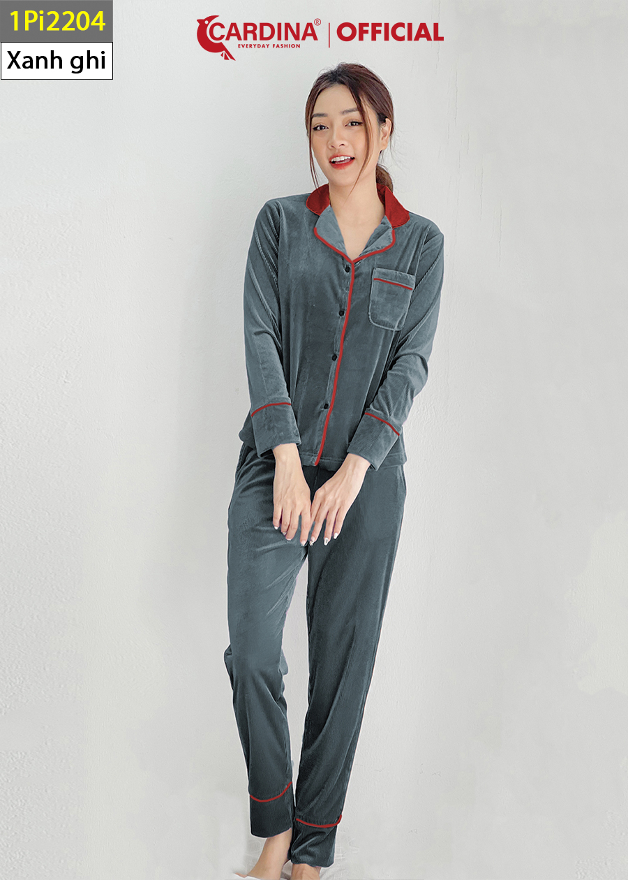 Đồ Bộ Nữ  Pijama Chất Nhung Tăm Cao Cấp Áo Dài Tay Phối Cổ Quần Dài Kiểu Dáng Sang Trọng 1Pi22
