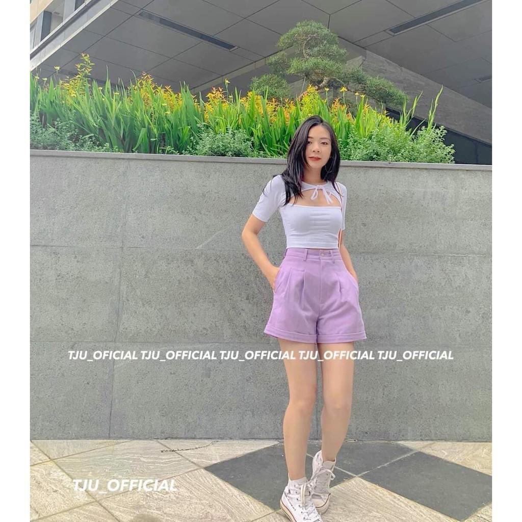 Quần sooc vải cạp khóa gập gấu