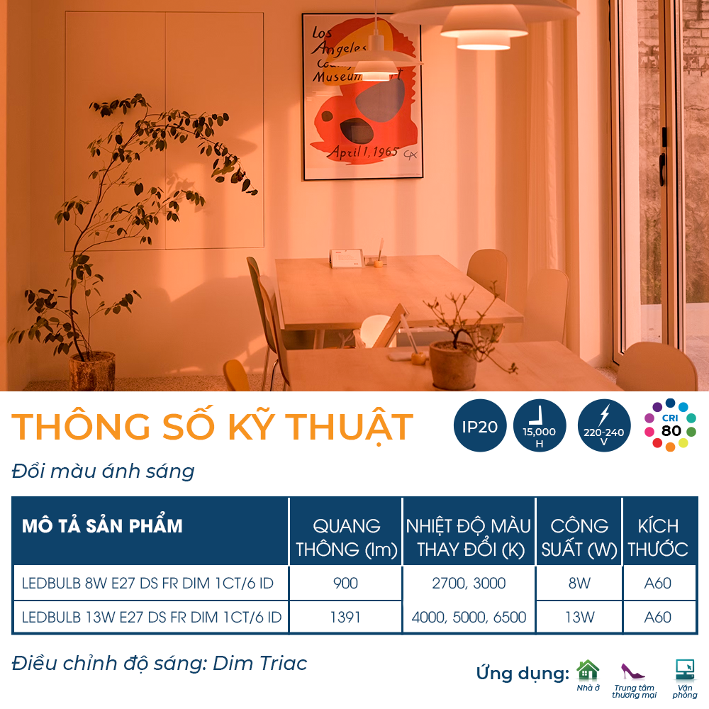 Bóng đèn Philips LED Bulb A60 DS FR DIM thay đổi nhiệt độ màu - Công suất (8W, 13W)