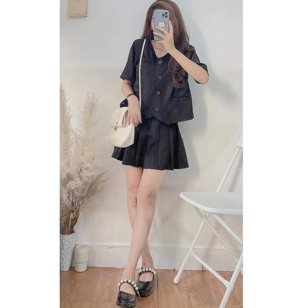 Set áo cộc tay tiểu thư kèm chân váy xếp ly hiện đại ulzzang phong cách Hàn Quốc