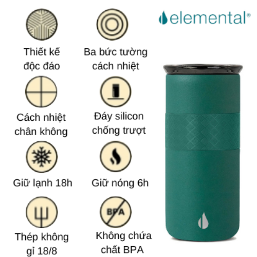 Ly giữ nhiệt Artisan Elemental 480ml màu xanh lá, giữ nhiệt vượt trội, inox 304, FDA Hoa Kỳ, nắp sứ sang trọng