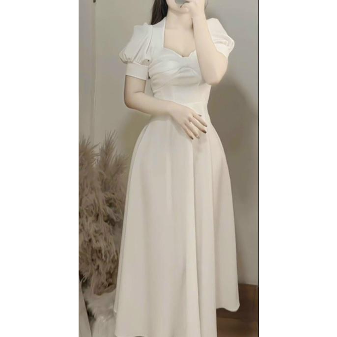 Đầm Dự Tiệc Trắng Chất Lụa Mango Mịn 2 Lớp Full Lót Thiết Kế Tay Ngắn Bồng Cổ Nơ Dáng Dài Maxi UC-1B15-4542