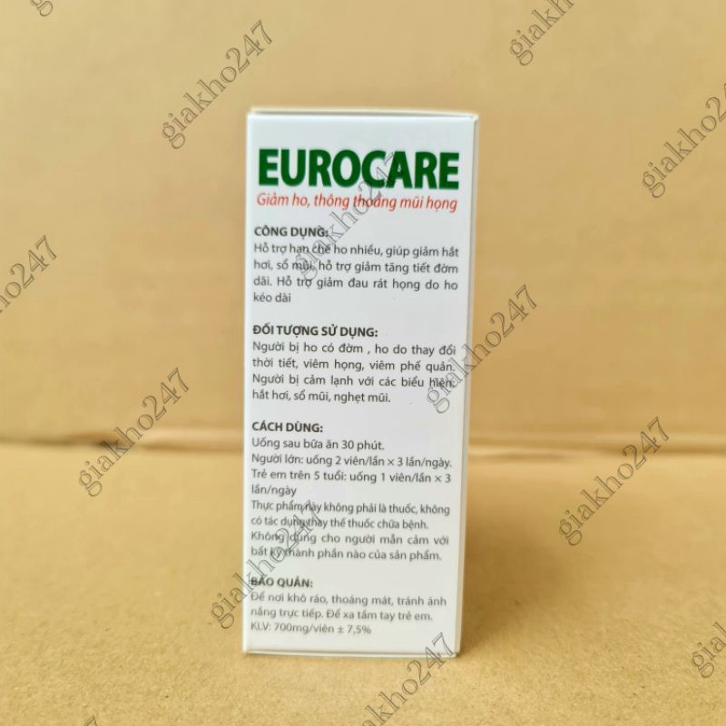 Eurocare – Giúp Giảm Ho Thông Thoáng Mũi Họng, Giảm Các Triệu Chứng Cảm Lạnh, Sổ Mũi, Đau Rát Họng – Eugica Hộp 100 Viên