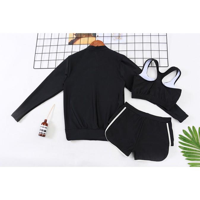 (Có sẵn) Đồ bơi / Bikini dài tay set 3 chi tiết màu đen chữ Trắng