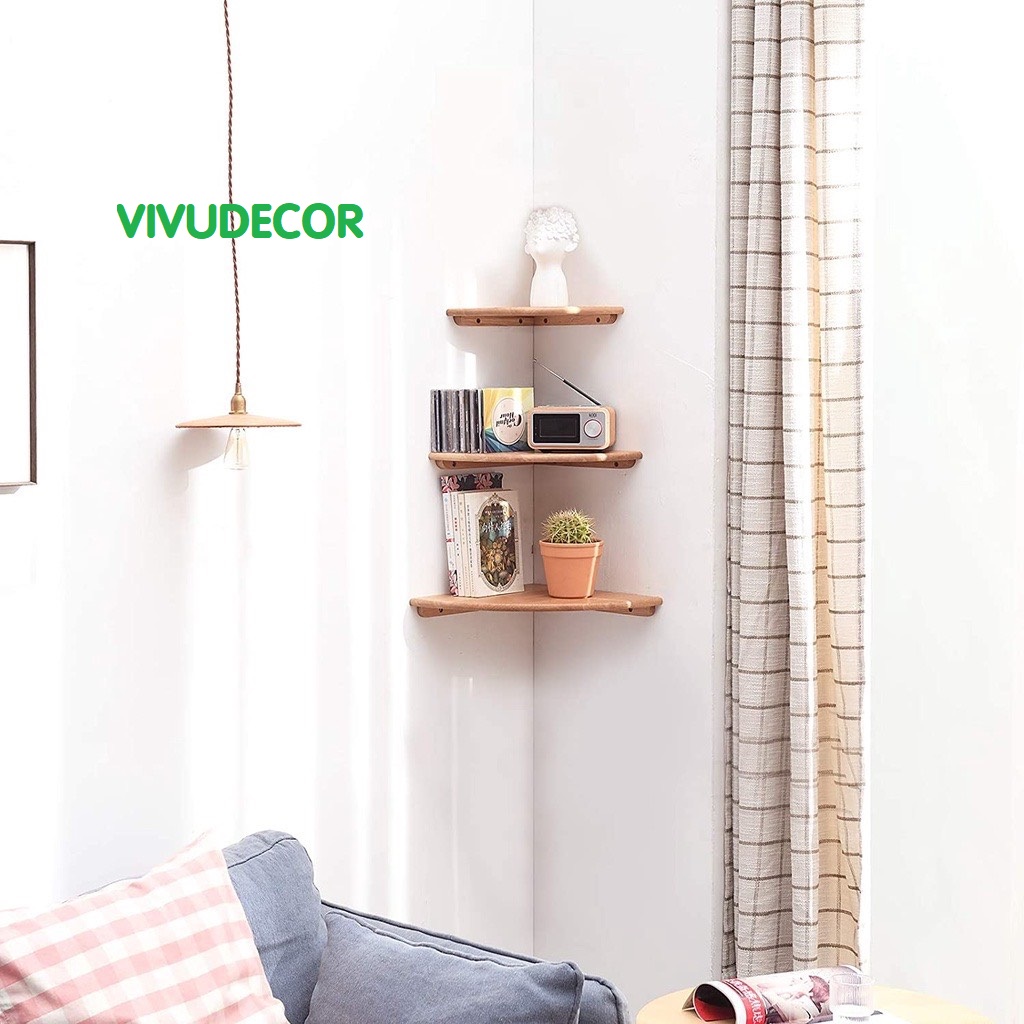 Kệ Treo Tường Vivudecor 100% Gỗ Tự Nhiên, Kệ Góc Tường 3 Tầng Tiện Ích Đa Năng Sang Trọng Chất Lượng Xuất Khẩu