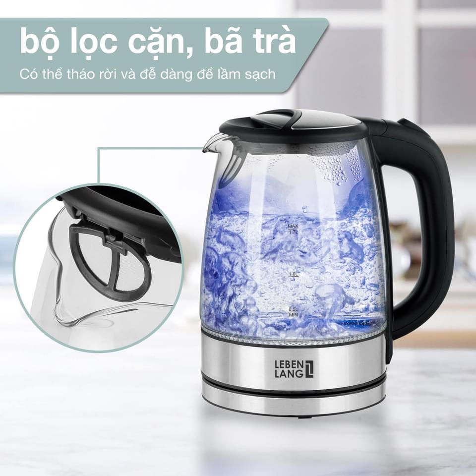 Ấm Siêu Tốc Cao Cấp Thuỷ Tinh Lebenlang 1.8L LBLB2828 - 1,7L LBDD2628 Điều Chỉnh Nhiệt Độ Kèm Lõi Lọc Inox - Hàng Chính Hãng