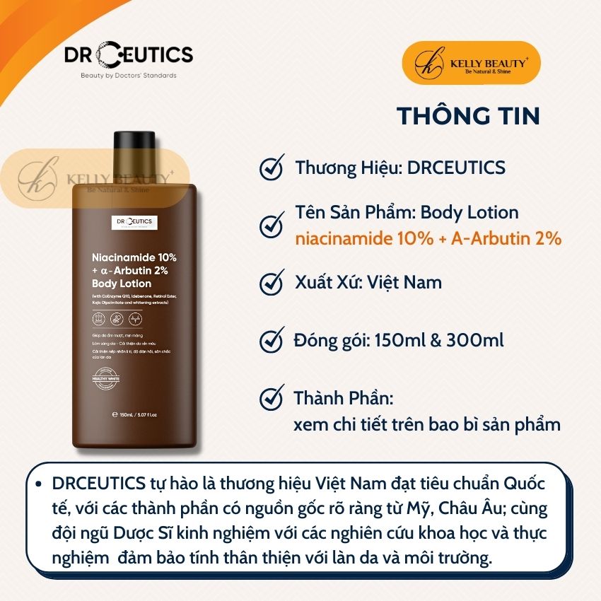 Sữa Dưỡng Thể Trắng Da DrCeutics - Dưỡng Ẩm, Nâng Tông, Chống Lão Hóa Da - Niacinamide 10% + α–Arbutin 2% | Kelly Beauty