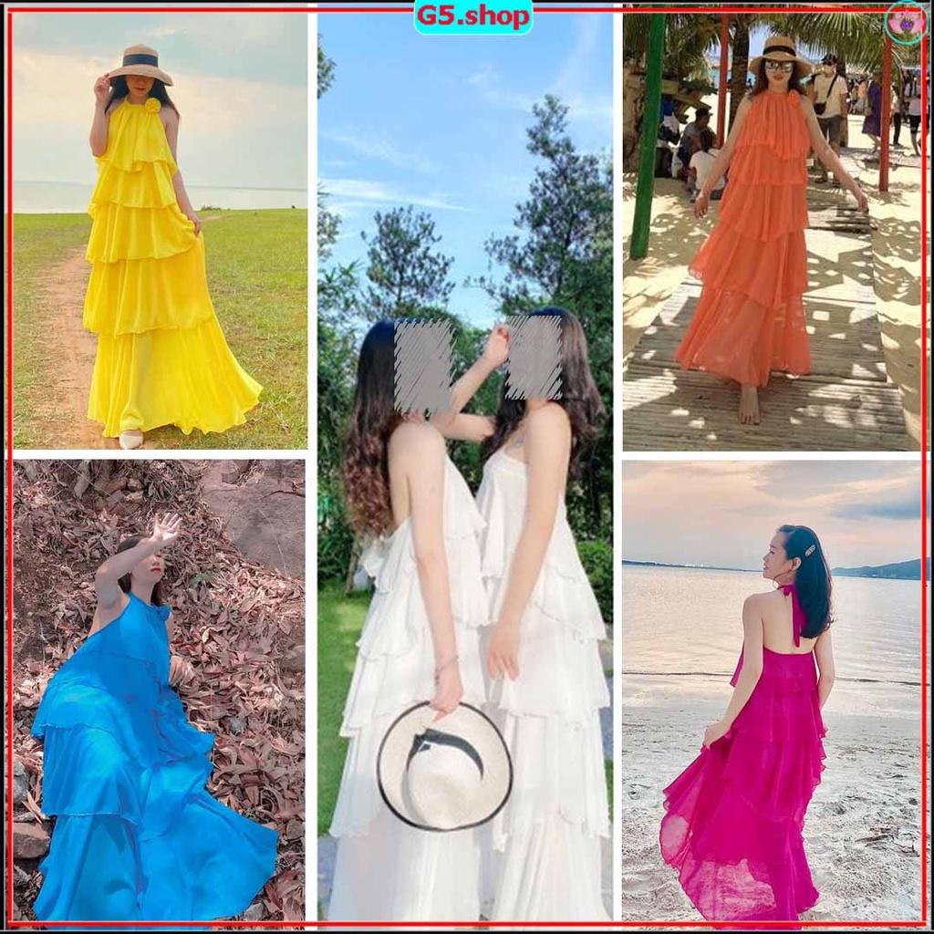 Đầm maxi cổ yếm đính hoa nối tầng thắt nơ đi biển Váy đi chơi biển du lịch 2 lớp giá rẻ G5