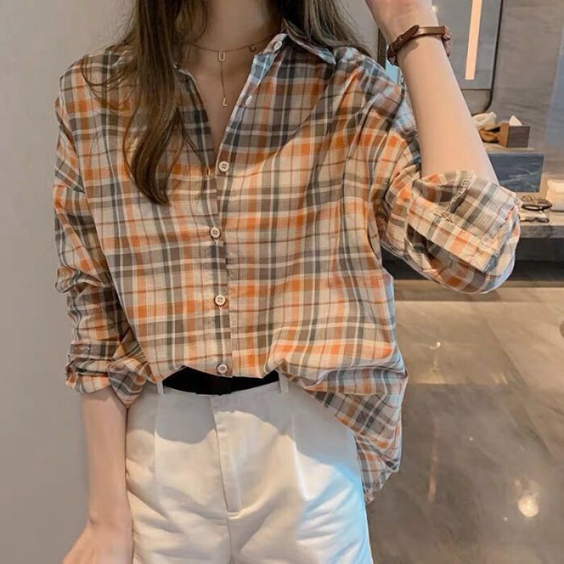 Áo sơ mi nữ đũi Việt Thiết kế kẻ caro trẻ trung DV68