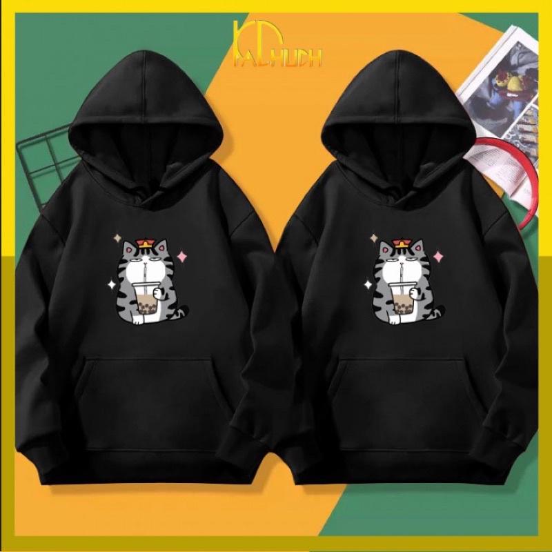 Áo hoodie cặp in mèo hoàng thượng uống trà sữa