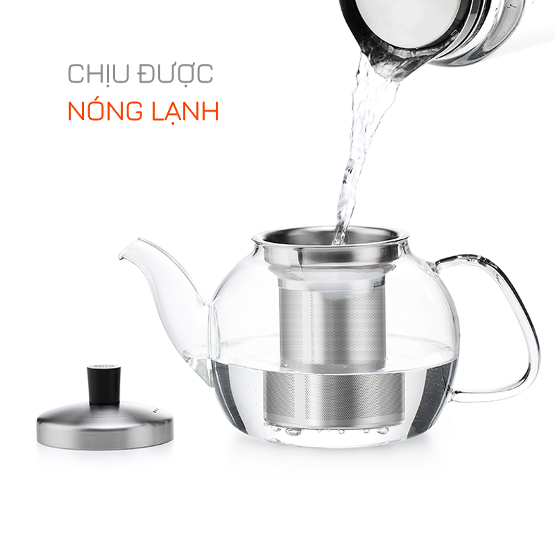 Ấm trà thủy tinh, bình lọc trà thủy tinh lõi Inox S052 900ml