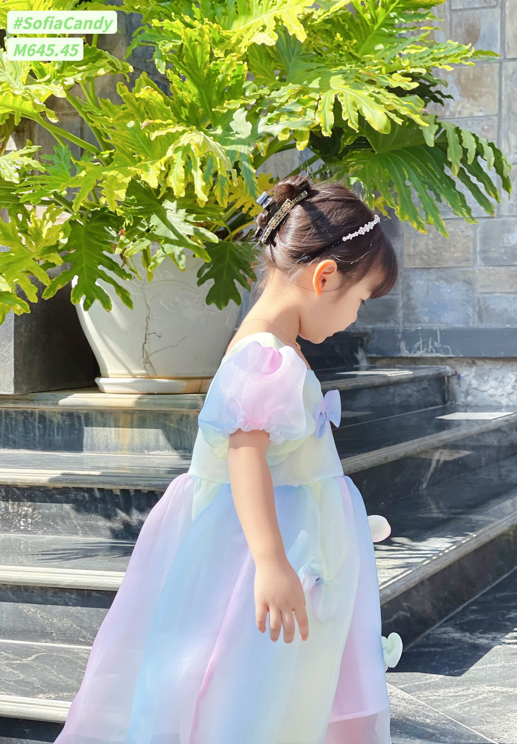 Váy công chúa bé gái cộc tay 1-10 tuổi màu 7 sắc cầu vồng, Đầm dự tiệc cho bé vải tơ cao cấp điệu đà đáng yêu