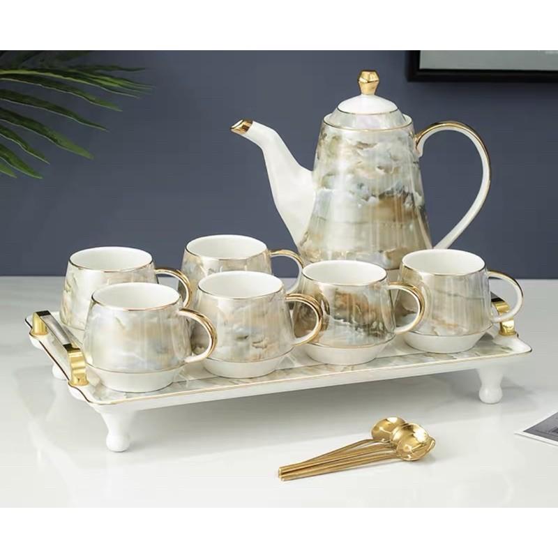 Bộ ấm chén sứ vân đá phong cách Châu Âu cao cấp