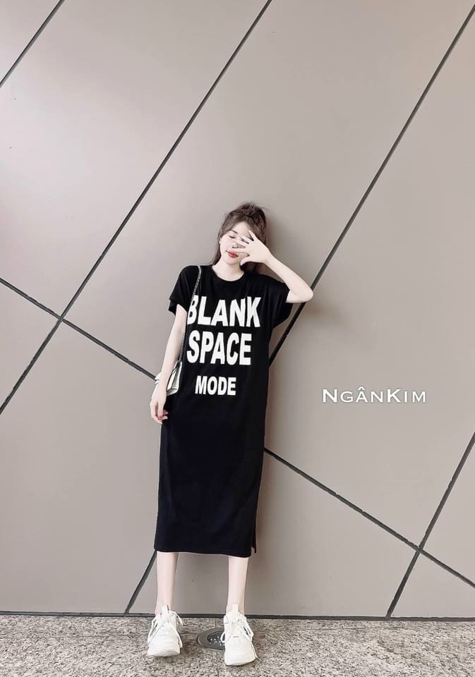Váy suông - đầm suông nữ cộc tay in chữ blank phom rộng dáng dài