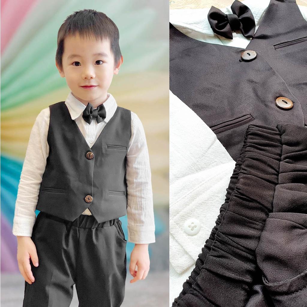 Set Gile 4 chi tiết đồ vest cho bé trai màu đen trắng MamLa