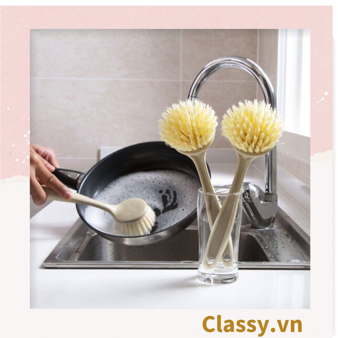 Combo 2 chiếc bàn chải tay cầm dài 22cm làm sạch nhà bếp vết dầu rửa nồi rửa chén bàn chải có thể được treo phòng tắm bàn chải bồn tắm PK1830