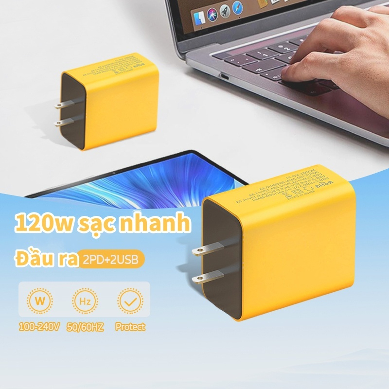 Củ Sạc Nhanh 120w đa năng gồm 2 cổng Type-C và 2 cổng USB, tặng kèm cáp 1 sạc Type C - Hàng nhập khẩu