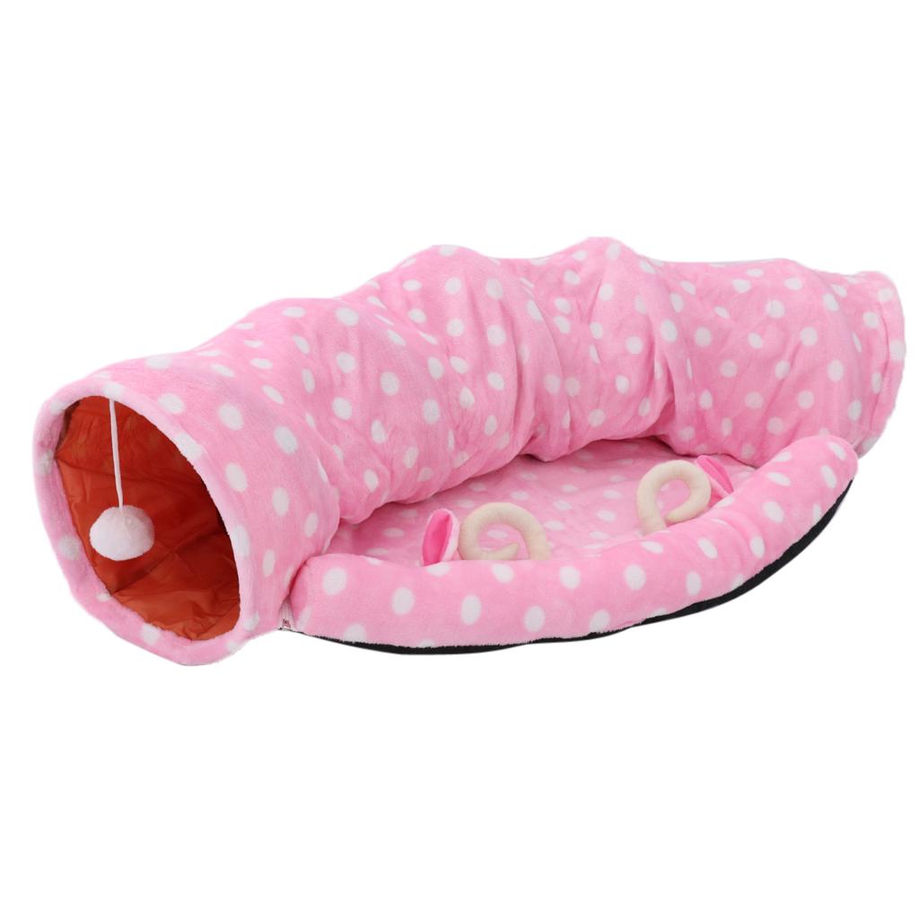 Foldable Cat Tunnel Bed-Kitten Indoor Playing Funny Toy Hanging Fluffy Ball Pink