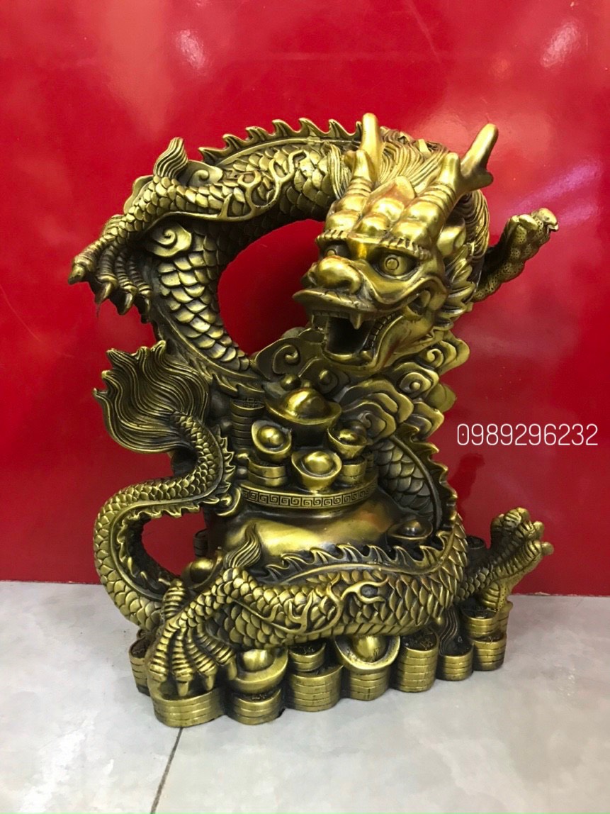 Tượng Rồng cuộn vàng bằng đồng - Rồng cuộn hũ vàng phong thủy