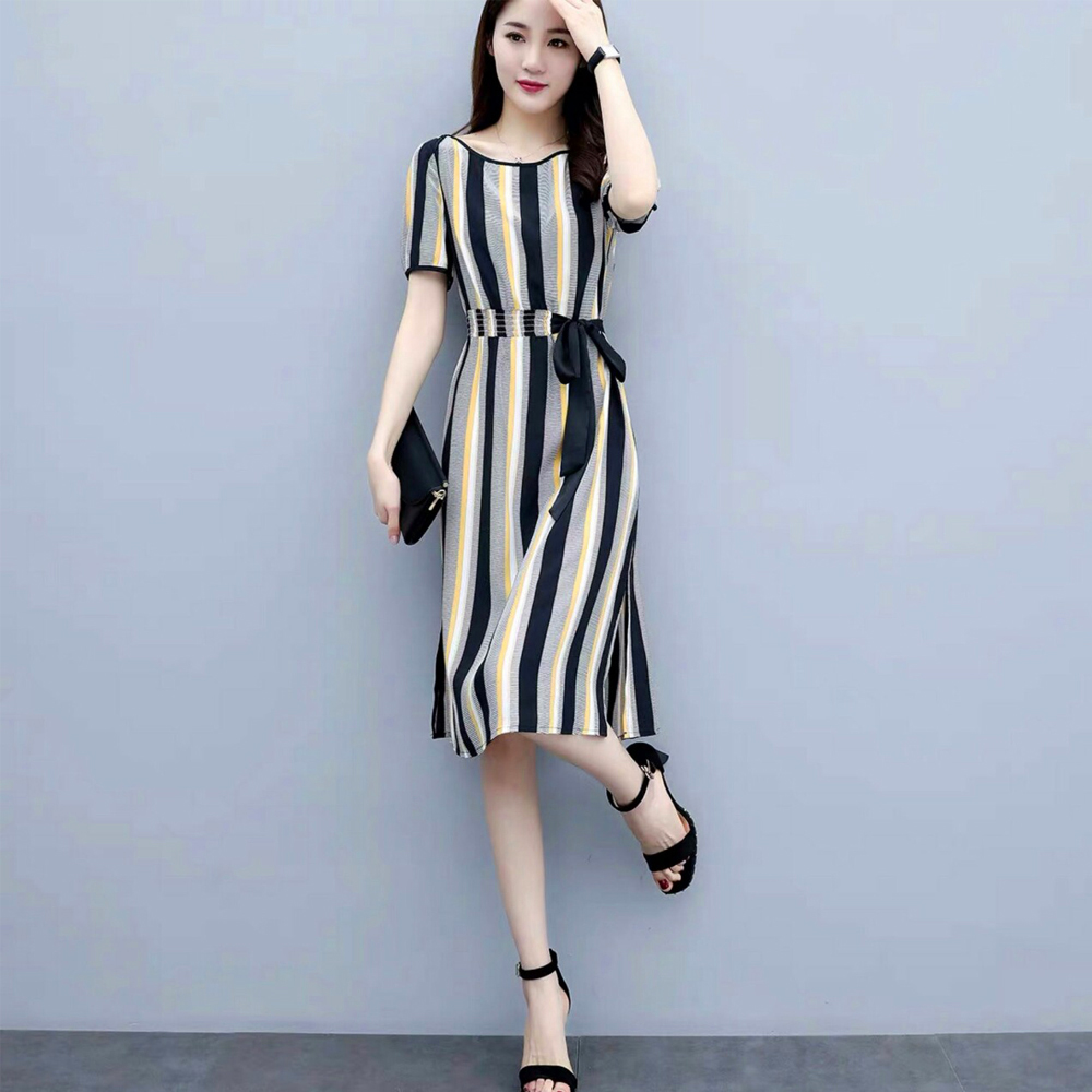 Đầm Sọc Xòe Nhẹ Nhấn Eo Thun