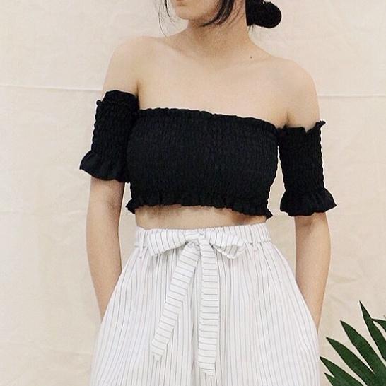 KIOBI - Áo kiểu CROPTOP thun chỉ bo tay rớt và ngực, vải cotton lụa - KIA1811115