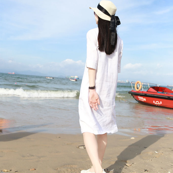 Đầm suông tay lỡ linen trẻ trung kèm đai dời - Trắng