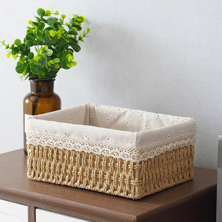 Giỏ Cói, Rổ Cói Vintage Có Vải Lót Hình Chữ Nhật  - Phù Hợp Để Phòng Khách, Đựng Đồ Trang Tri Bàn Làm Việc Gọn Gàng Xinh Xắn