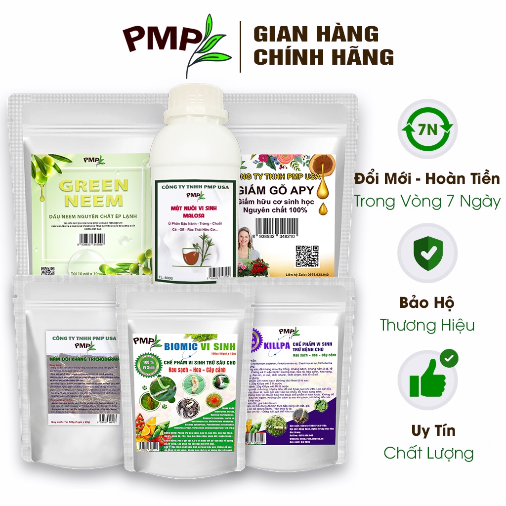 Bộ trừ bệnh vi sinh, sinh học PMP cho cà chua bạch tuộc - Killpa, Trichoderma, Biomic, Green Neem, Giấm gỗ Apy, Mật rỉ đường