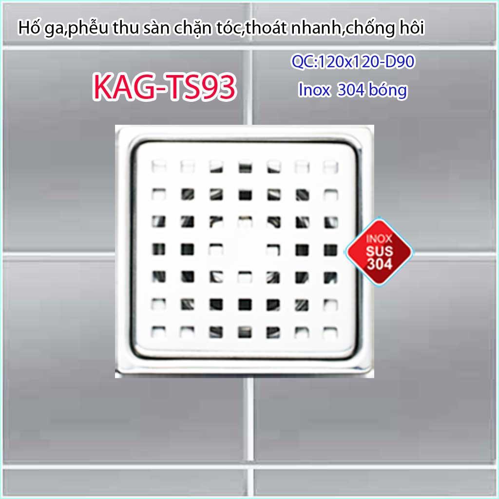Phễu thoát sàn 12x12cm KAG-TS93 inox 304, hố ga thoát sàn khách sạn cho ống D90mm mặt caro chống mùi hôi