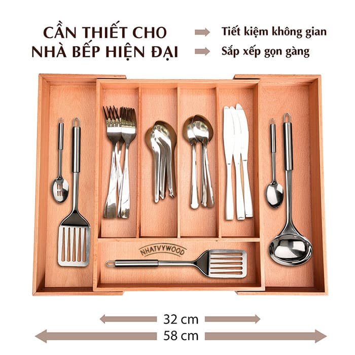 Khay chia ngăn kéo tủ bếp có thể kéo giãn cao cấp, khay chia muỗng đũa thìa dĩa bằng gỗ, khay đựng muỗng đũa Nhatvywood NV5303