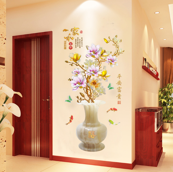 Decal trang trí tường - Bình Hoa Sứ hoa Mai Tím Vàng khoe sắc