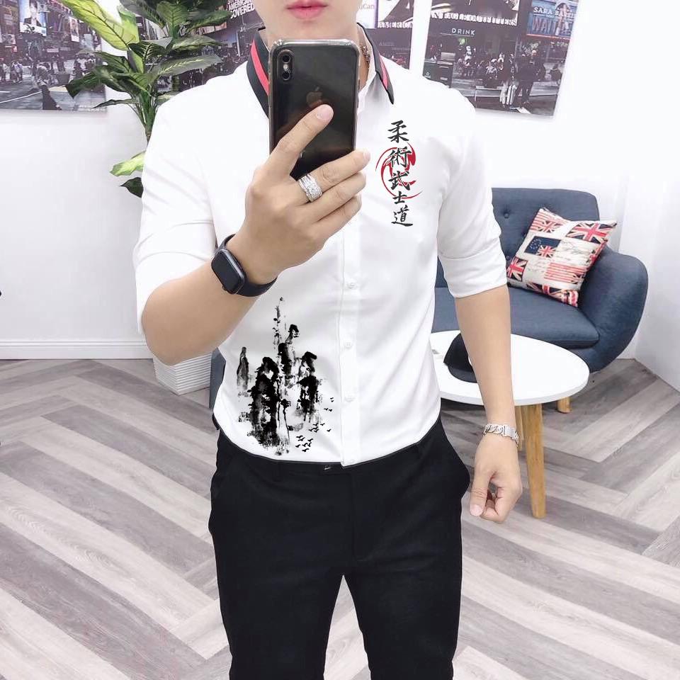 Áo Sơ Mi Nam Viền Cổ Họa Tiết Thư Pháp