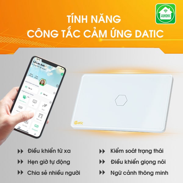 Công tắc cảm ứng wifi 1 nút Datic Công Suất Lớn 3000W điều khiển từ xa, hẹn giờ.