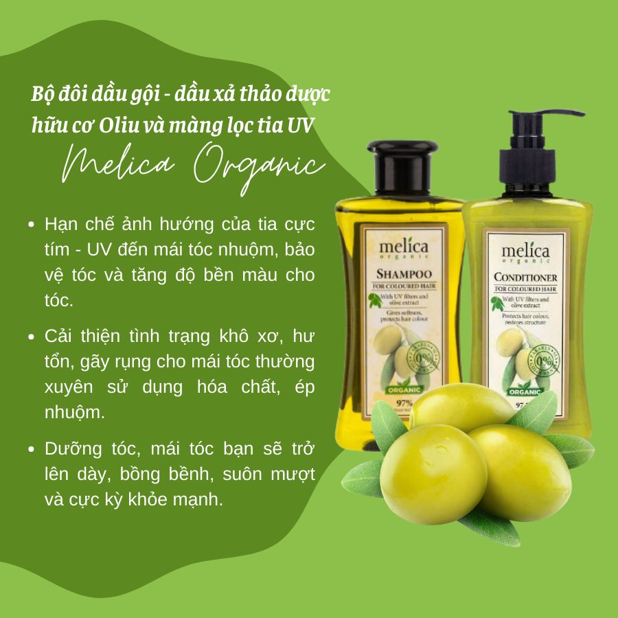 Dầu xả thảo dược hữu cơ dùng cho tóc nhuộm, xơ rối, chẻ ngọn, nhiều gàu Melica Organic 300ml Olive &amp; màng lọc UV