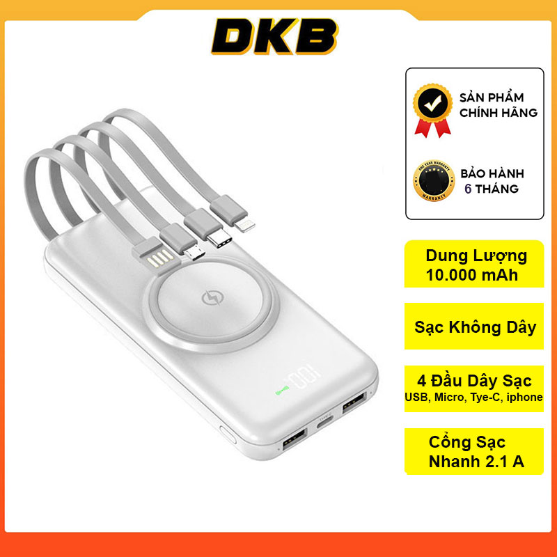 Sạc dự phòng , Pin dự phòng DKB, Dung lượng 10000mAh, Tích hợp sạc không dây, Kèm 4 đầu dây sạc, cho di dộng, Ipad - Hàng Chính Hãng