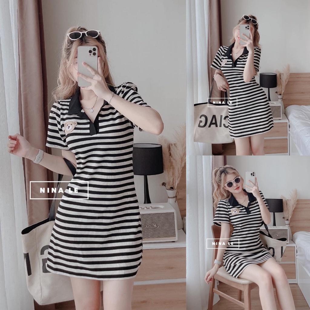 Đầm váy nữ sọc ngang họa tiết gấu nhỏ nhắn xinh xắn thích hợp cho các nàng đi chơi, dạo phố hoặc đi học đều cute