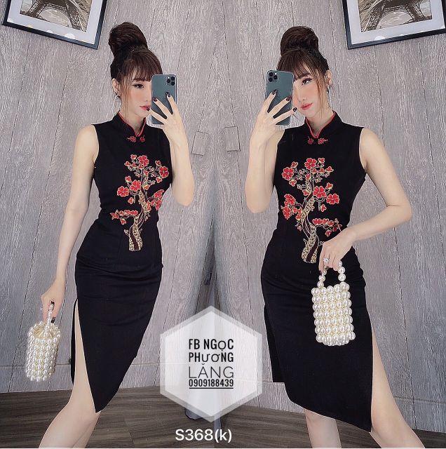 Đầm sườn xám đính hoa mai + quần short lót