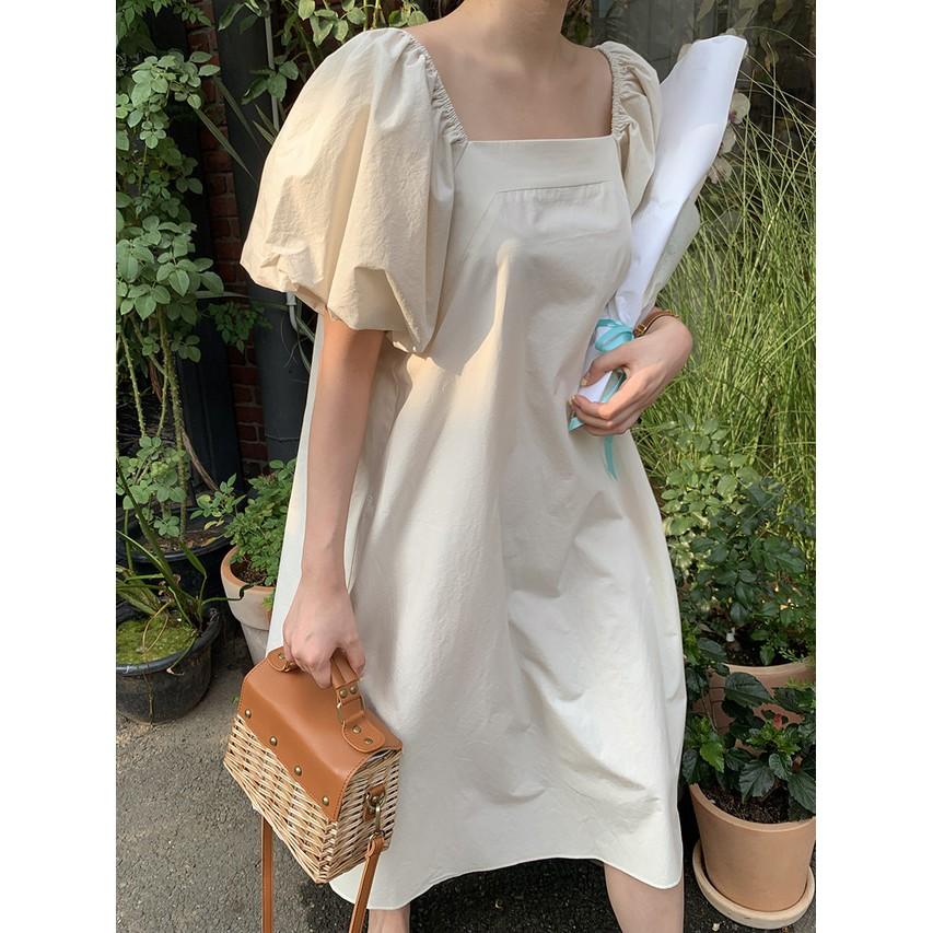 Đầm Midi Thiết kế Cổ vuông Thanh lịch Tay bồng Ngắn tay Form rộng Ulzzang Hàn Quốc Váy Midi dài Tay ngắn Mùa Hè