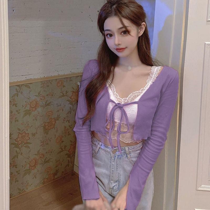 Áo Khoác Cardigan Dệt Kim Phối Ren Xinh Xắn Cho Nữ