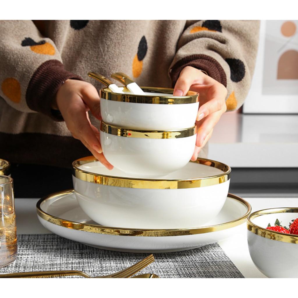 Set bát 26 món. Bát đĩa 26 món. set bát đĩa 26 món màu trắng viền vàng sang trọng.