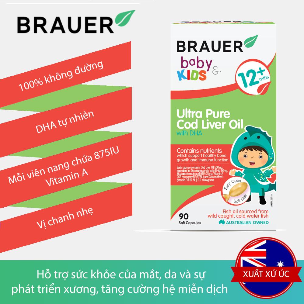 Viên mềm Dầu gan cá Tuyết tinh khiết và DHA Brauer Baby &amp; Kids Ultra Pure Cod Liver Oil with DHA cho bé trên 1 tuổi (90 viên) - Nhập khẩu Australia