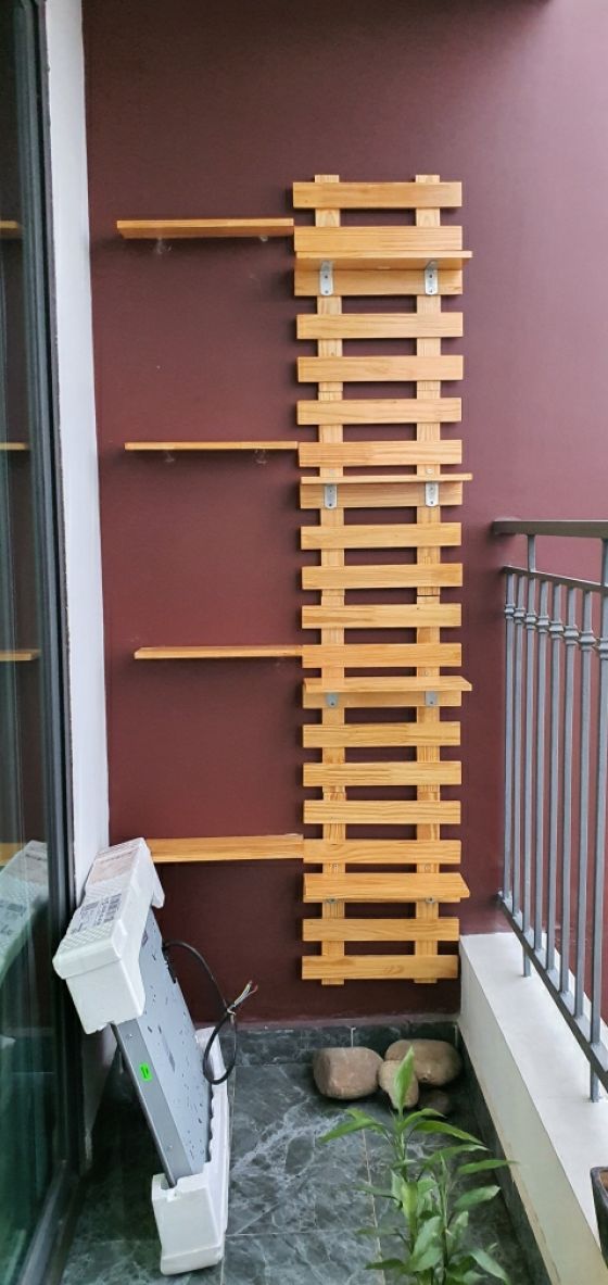 Bộ khung trang trí treo tường kệ để cây cảnh ban công chung cư gỗ thông tự nhiên y hình