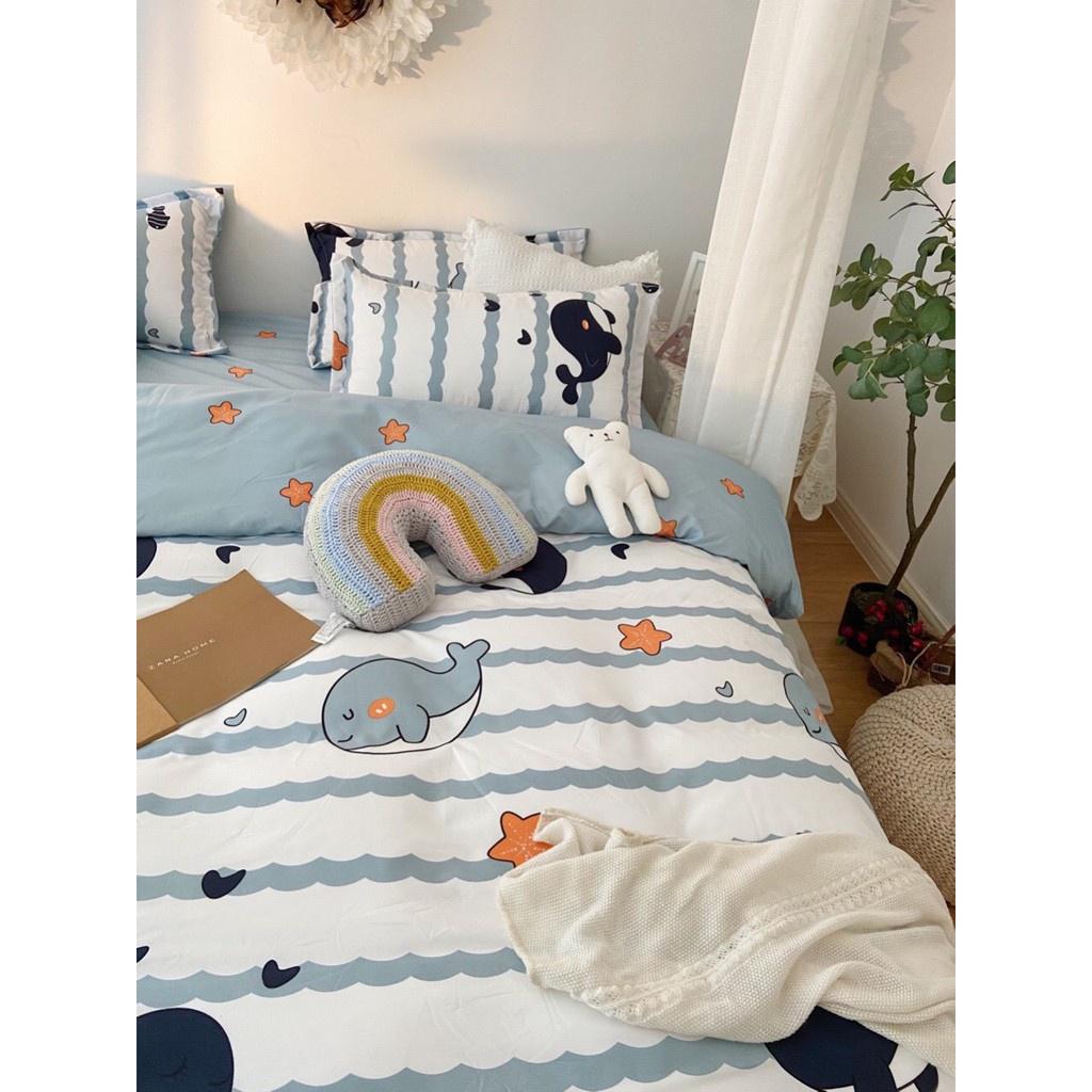 Bộ chăn ga gối , coton poly họa tiết Cá heo, Chăn ga đủ size miễn phí bo chun