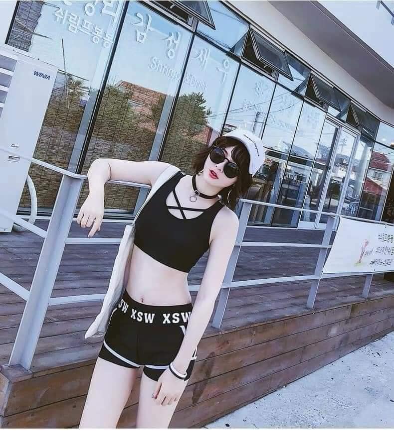 Bộ bikini 3 món áo lưới ngoài in chữ sang chảnh