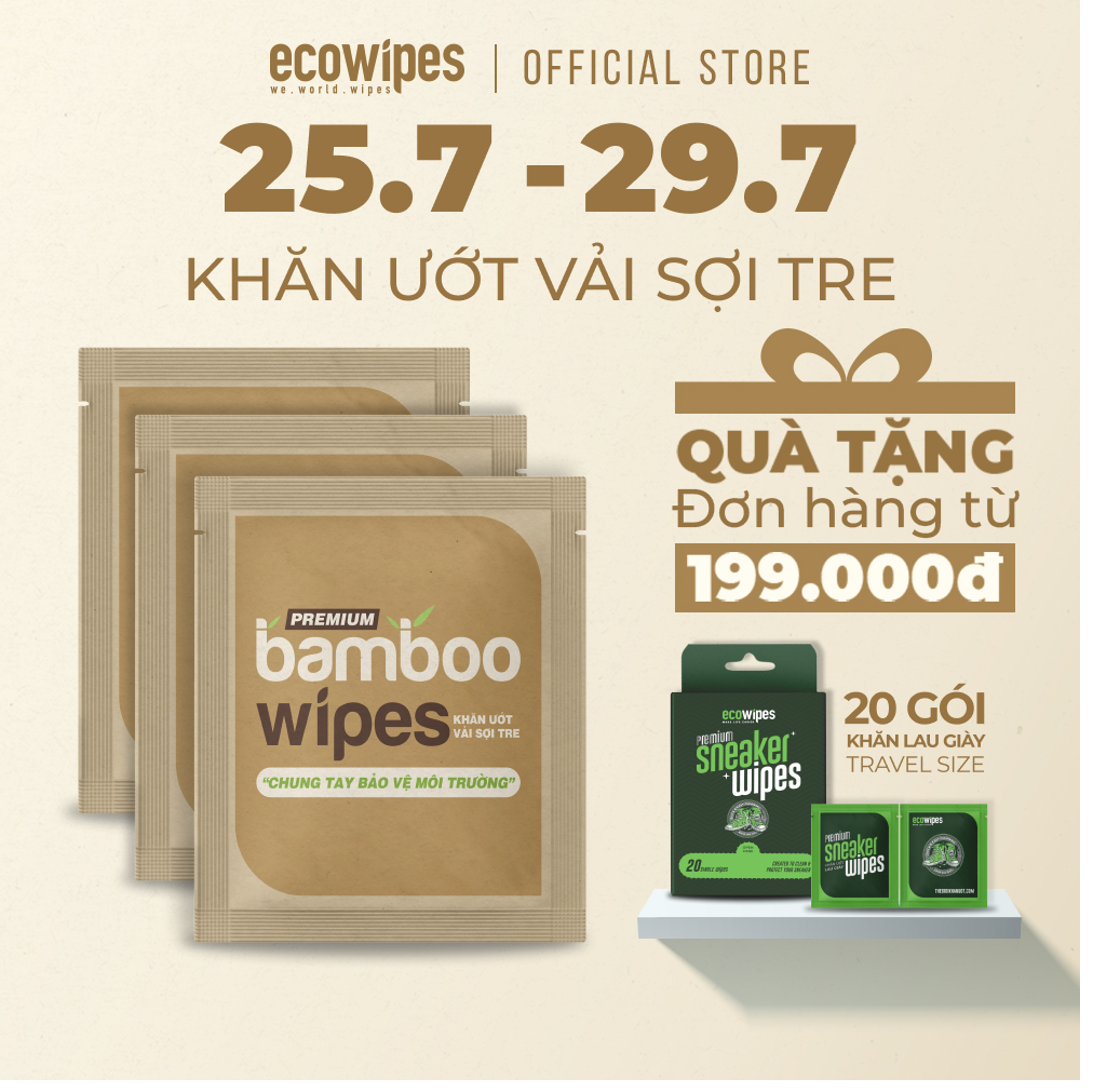 Combo 3 gói khăn giấy ướt cao cấp EcoBamboo Travel size Premium gói 1 tờ vải tre sinh thái không mùi có thể phân hủy