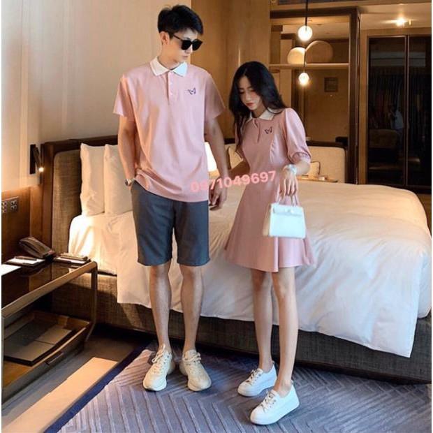 Váy thun đôi: Váy thun polo thêu bướm + Áo polo nam phối hợp