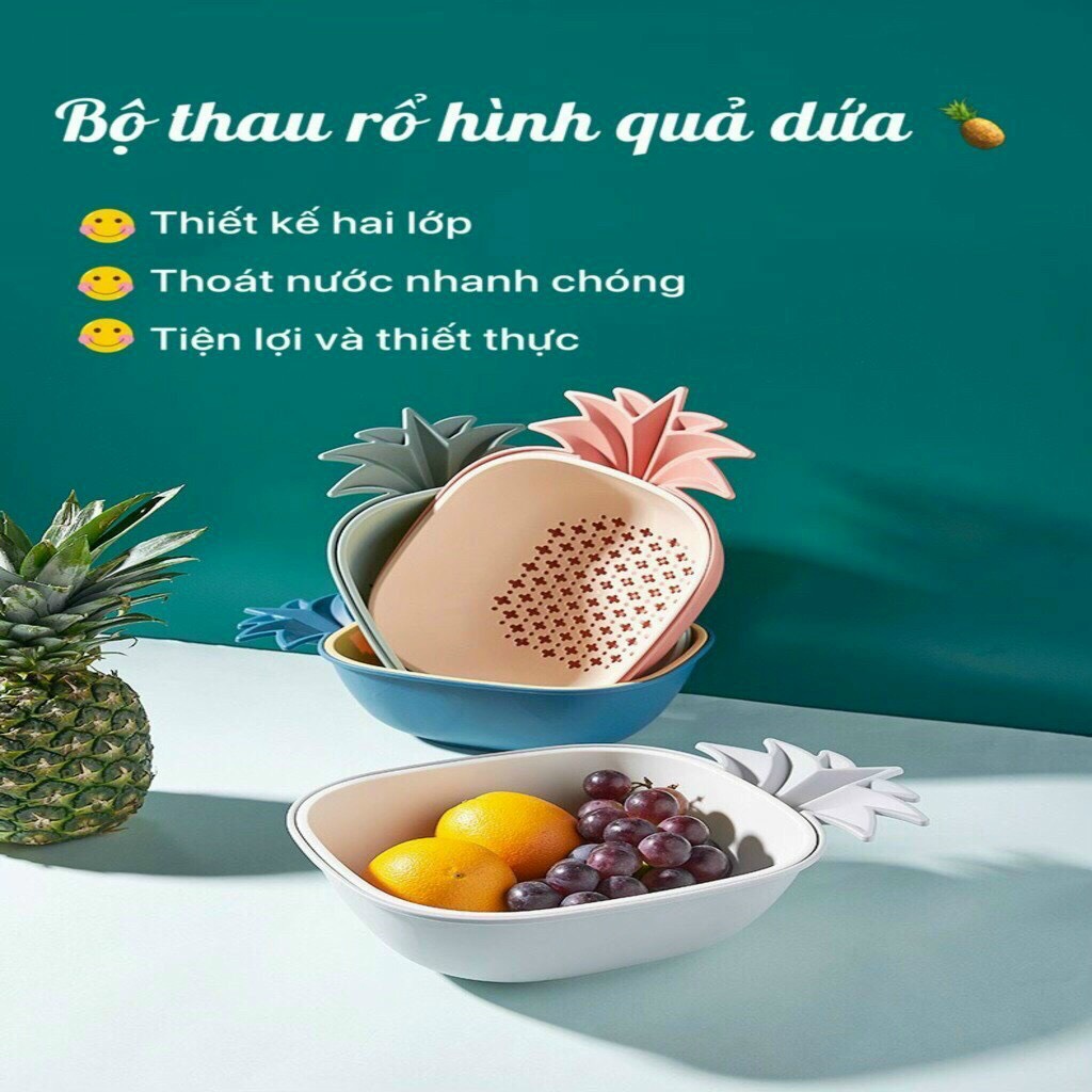 Bộ thau rổ nhựa, set thau rổ hình trái thơm đựng rau củ quả, thực phẩm có tay cầm và lỗ thoát nước bằng nhựa PP cao cấp