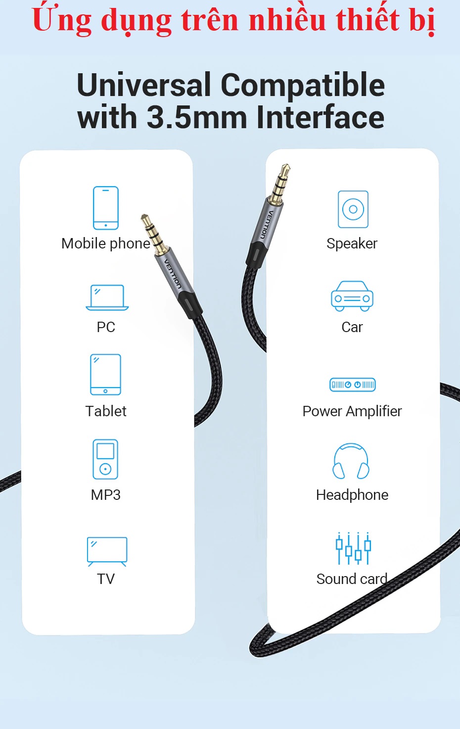 Cáp âm thanh TRRS 2 đầu 3.5mm AUX  hỗ trợ Mic Vention BAQHF - Hàng Chính hãng