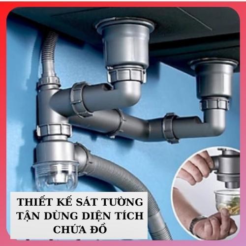 Bộ Xiphong Chậu Rửa Chén Bát Giành Cho Chậu Inox 2 hố, Phi 50 Thoát Nước Nhanh, Ngăn Mùi, Chịu Nhiệt Có 1 Chống Tràn Kèm Van Thải RO