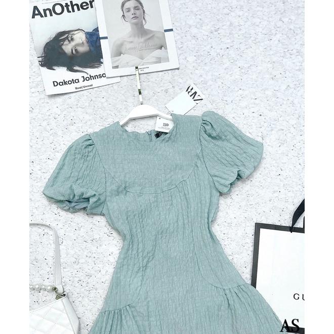 VÁY XỐP TAY BỒNG MÀU XANH CHO NỮ